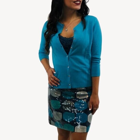 Ann Taylor Blue Cashmere Rhinestone Button Down Cardigan Sweater | Office Siren - Picture 5 of 15